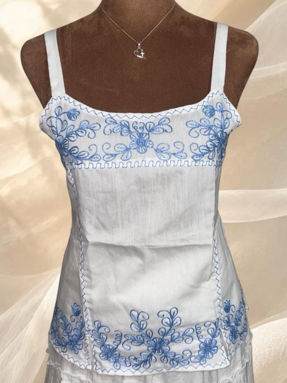 Artisanal White Linen Camisole Top Blue Floral Embroidery Cottagecore Small